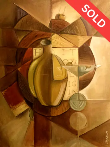  Still Life With Gin & Martini: Original cubist oil painting by John Richard Hewitt